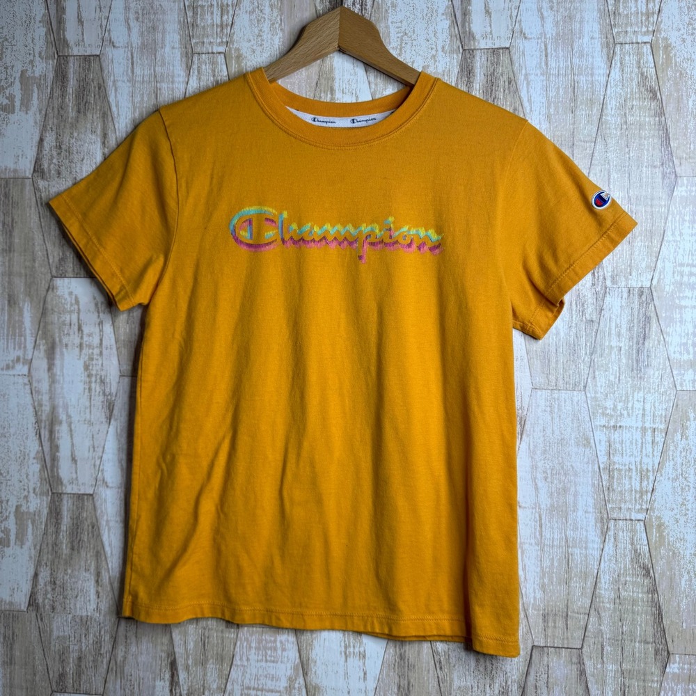 Champion Womens Mustard Yellow Rainbow Script Logo T-Shirt Small